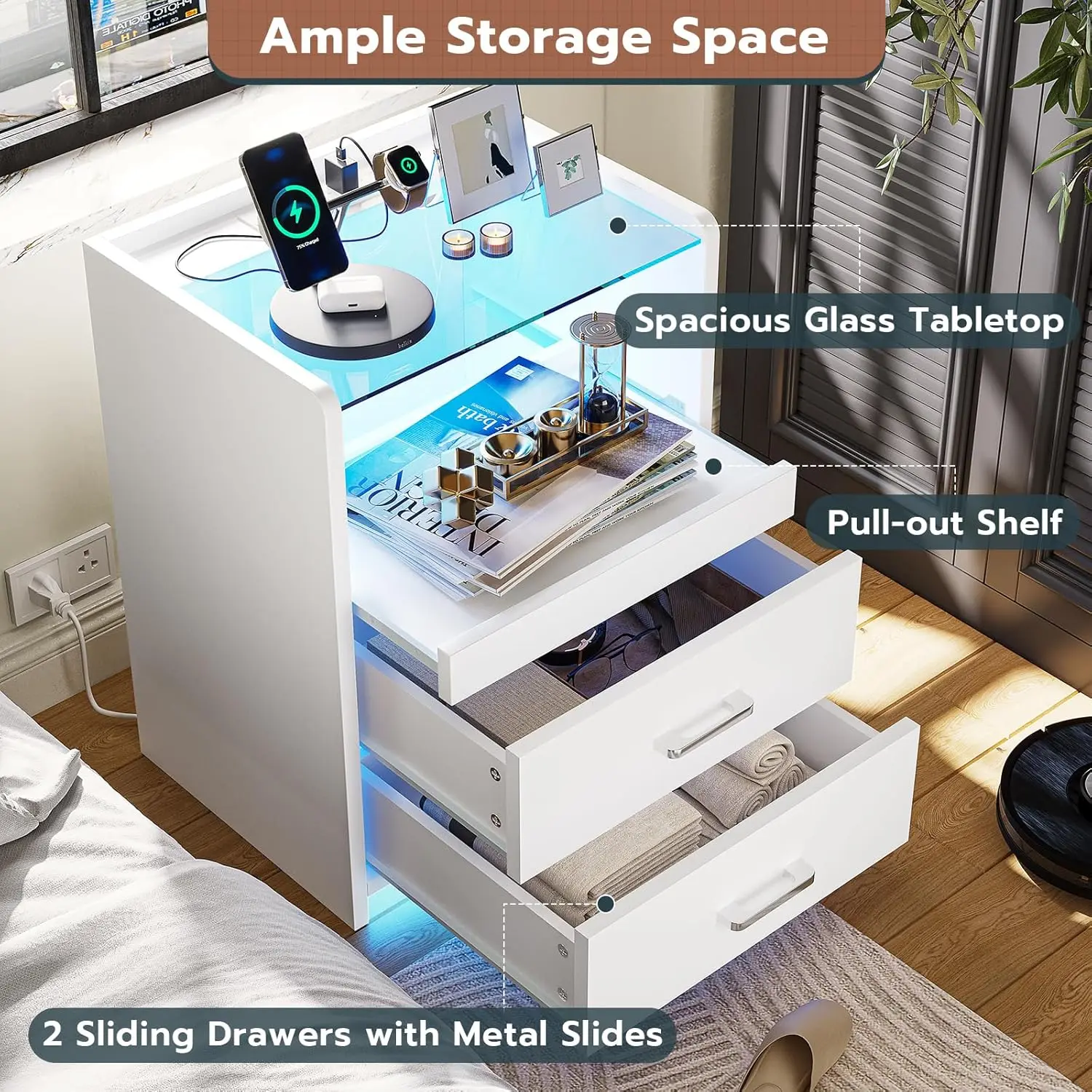 

Viagdo White Nightstand With Charging Station And Led Lights, 2 Drawers Led Night Stand With Tempered Glass Tabletop, Modern