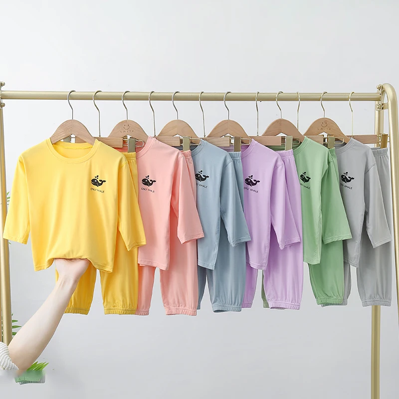 Kinder Modal Einfarbiges Loungewear-Set, Frühling/Sommer Leichtgewichtige 3/4-Ärmel Unisex Schlafanzug, Baby Locker Bequeme Kleidung