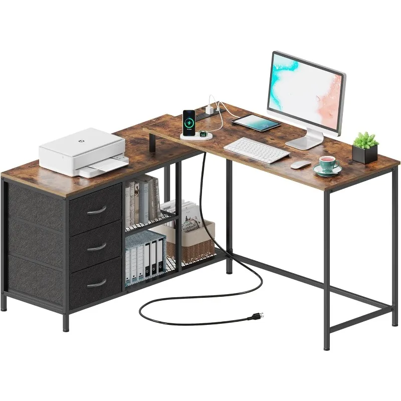 Mesa em forma de L com tomadas, mesa do computador com gavetas e prateleiras