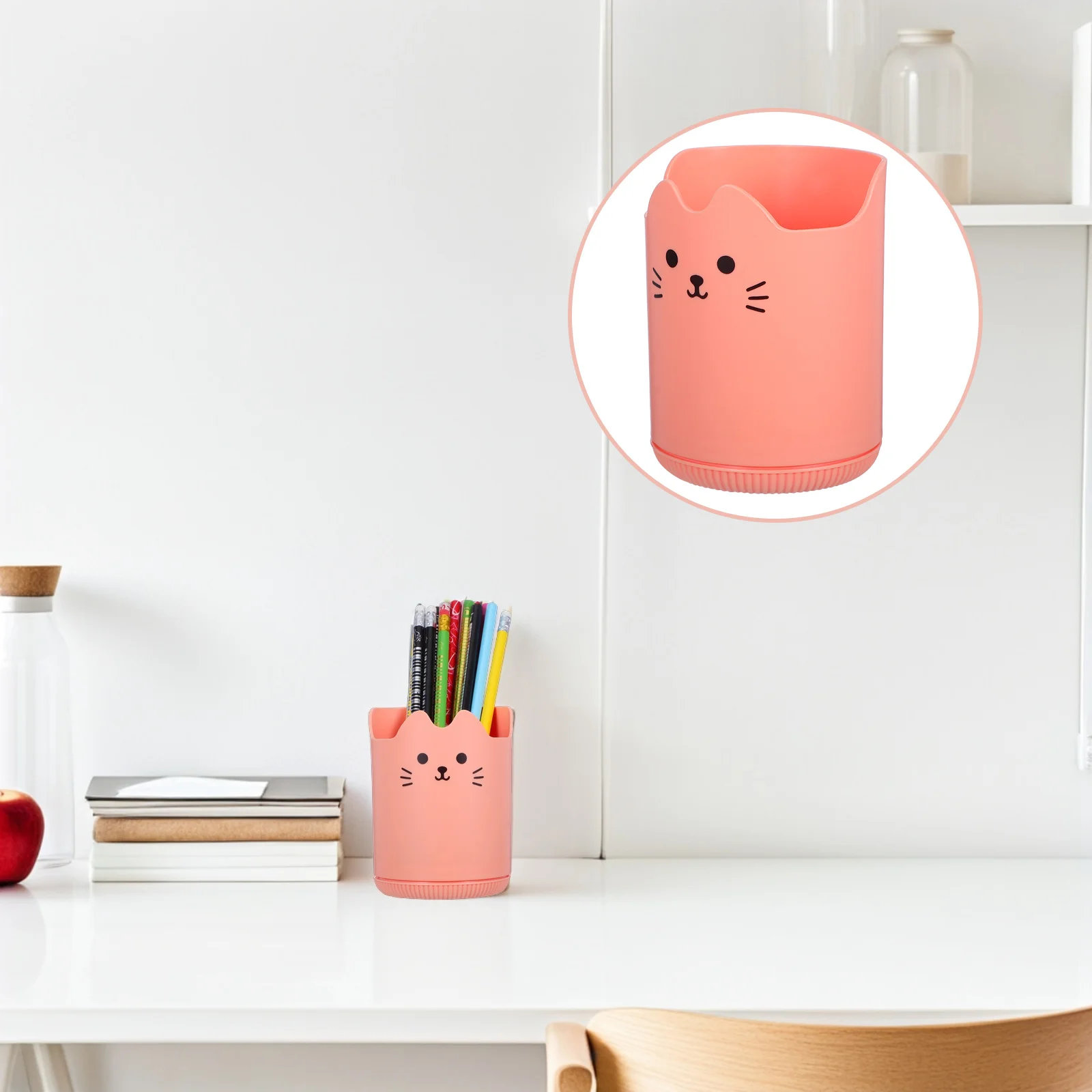 صندوق تخزين حامل أقلام مكتبي ذو سعة كبيرة، تصميم كرتوني وردي، منظم متعدد الوظائف لفرش المكياج المدرسية والمكتبية #1