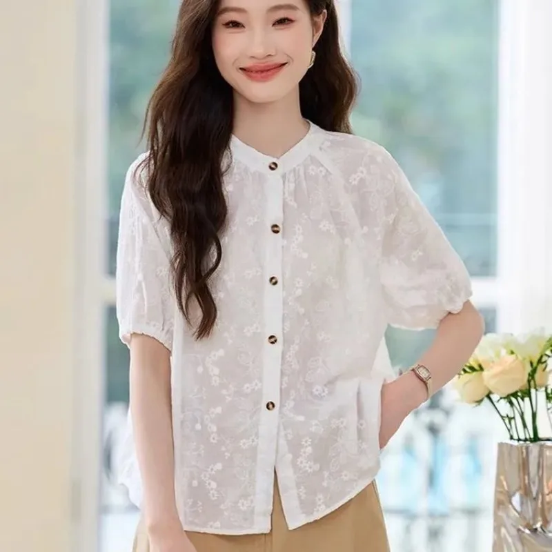 Women's White Embroidered Short Sleeve Stand Collar Blouse Pure Cotton Soft Top