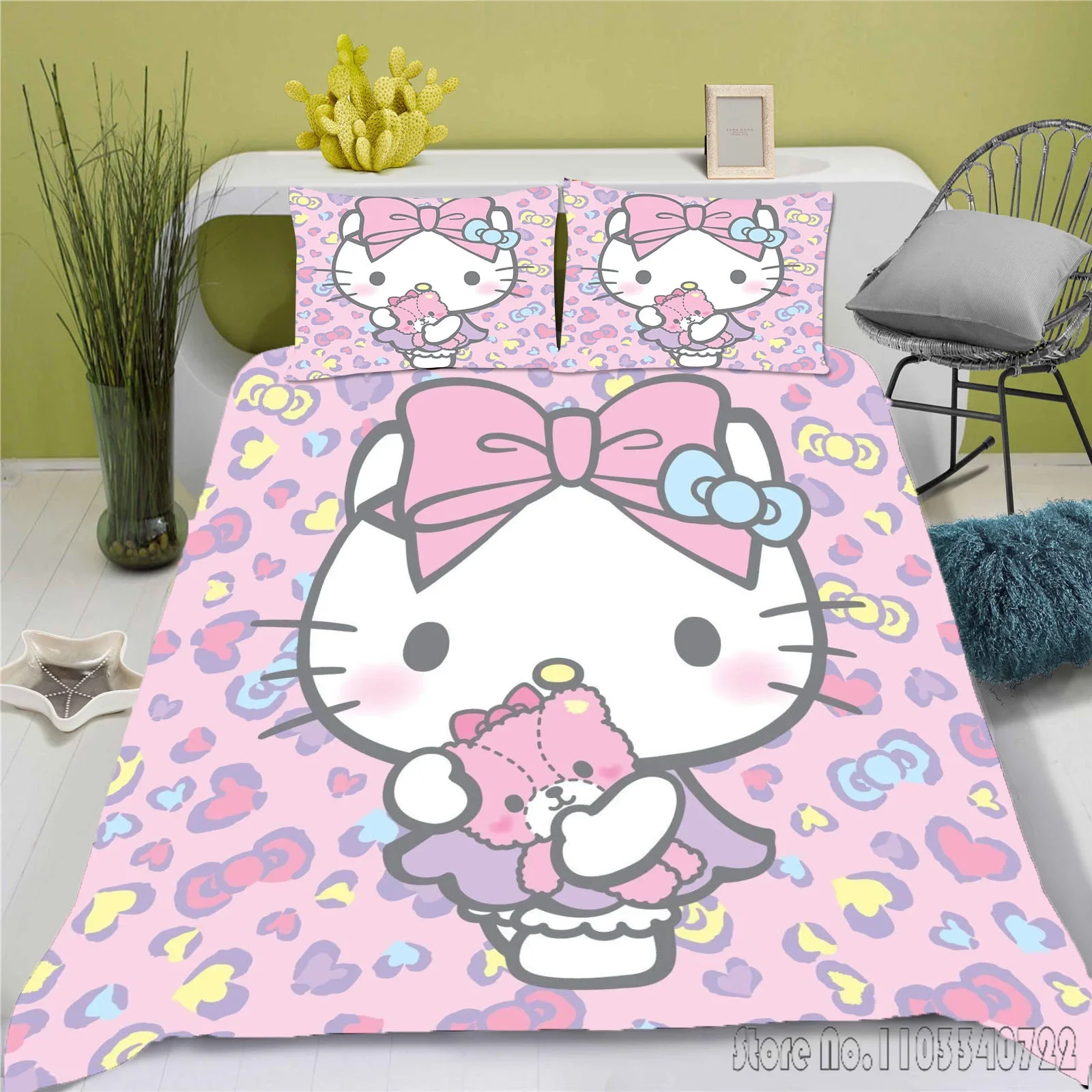 

Hello Kitty Catoon Love Child Duvet Cover Set HD Comforter Cover Bedclothes for Kids Bedding Sets Bedroom Decor