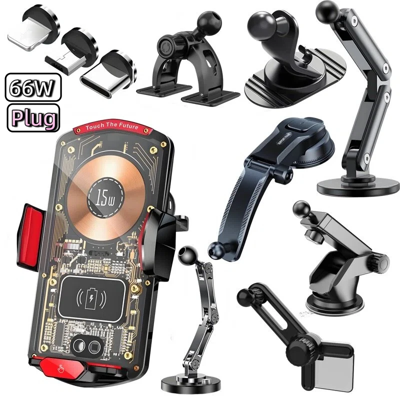 15W Universal Car Wireless Charger Holder Auto-Sensing Ambient Light 360 Rotating 66W Plug Charging Mount for iPhone/Samsung/Car