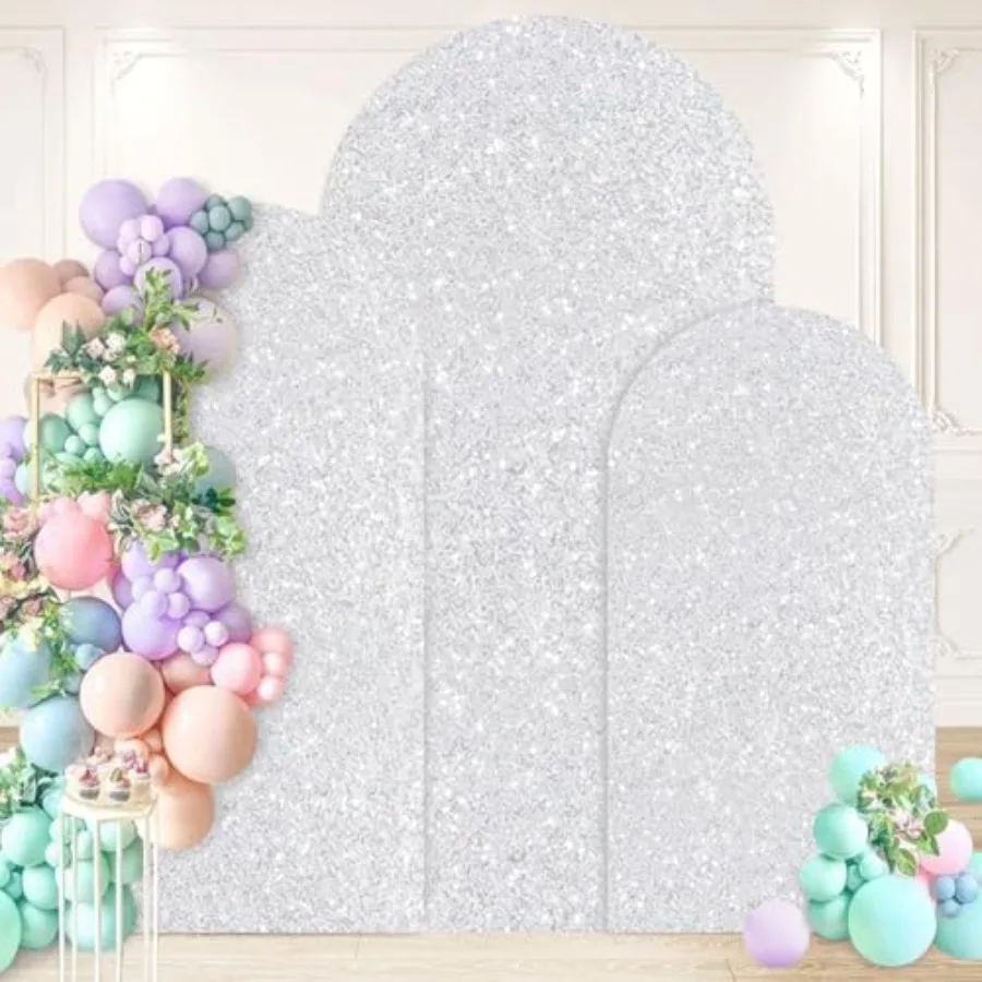 

Wedding arch cover set for party decoration: silver sequin stretchy spandex fabric covers 7.2FT/6.6FT/6FT for chiara-style arch