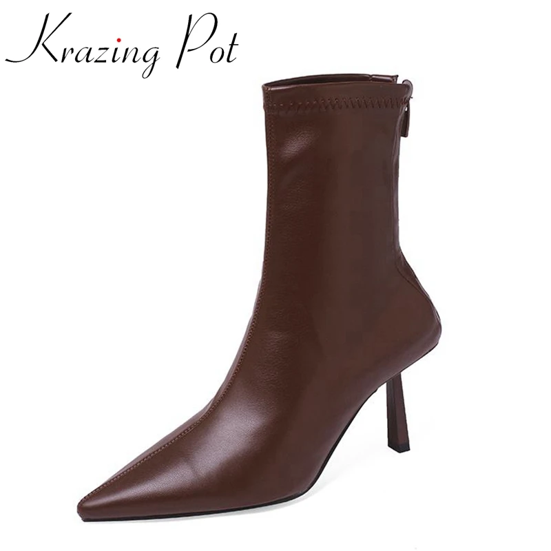 Krazing Pot New Microfiber Pointed Toe High Heels Modern Boots Stovepipe Oriental Handmade Office Lady Grace Zipper Ankle Boots