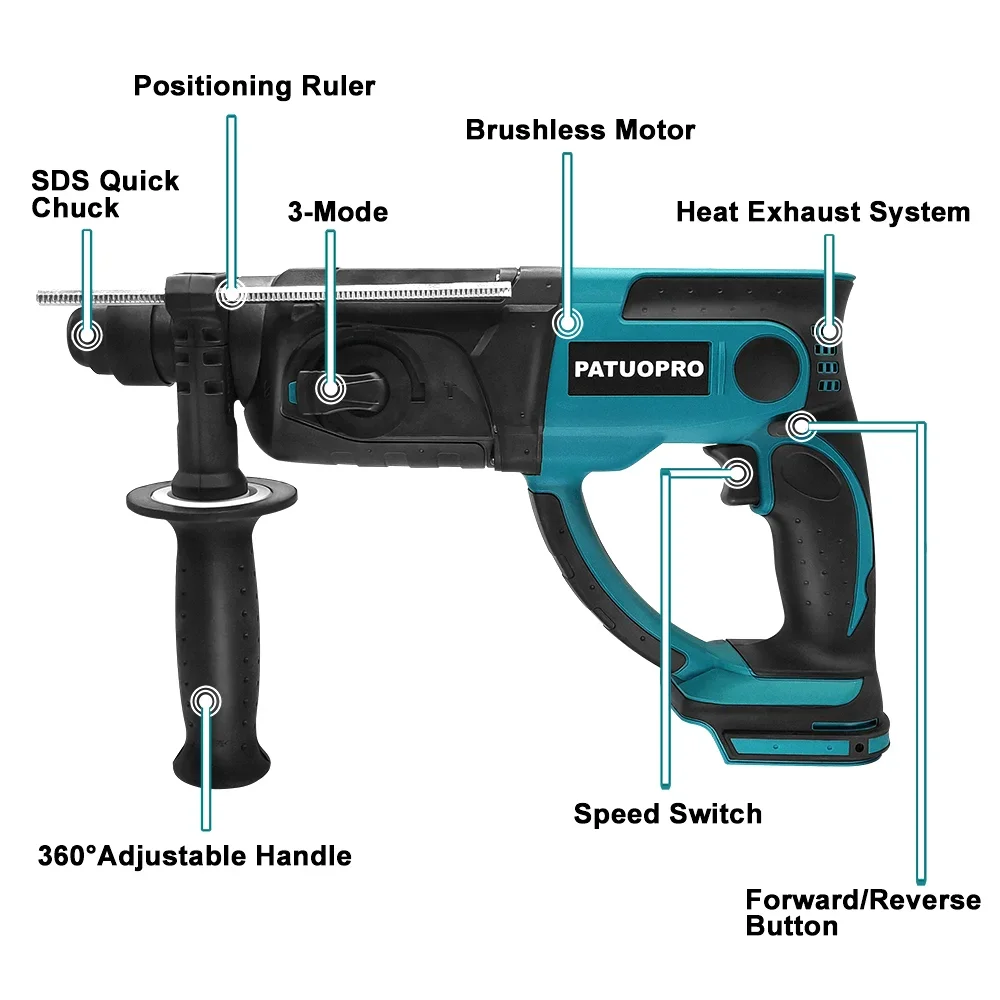 Imagem -05 - Patuopro-broca de Martelo Rotativo sem Escova Velocidade Variável Ferramenta de Cinzel para Bateria Makita 18v 3-mode 28 mm