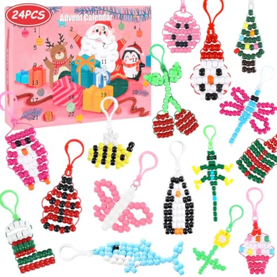 

24PCS Bead Pets Christmas Advent Calendar 2025Pony Beads Animals Keychain Making Kit with Instruction Snowman Butterfly Bee Pen