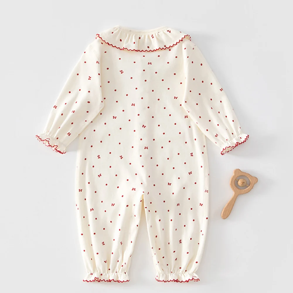 2026 New Baby Girl Romper 100% Cotton Ruffles Dot Print 1st Birthday Princess Infant Boutique Clothing Long Sleeve Jumpsuits