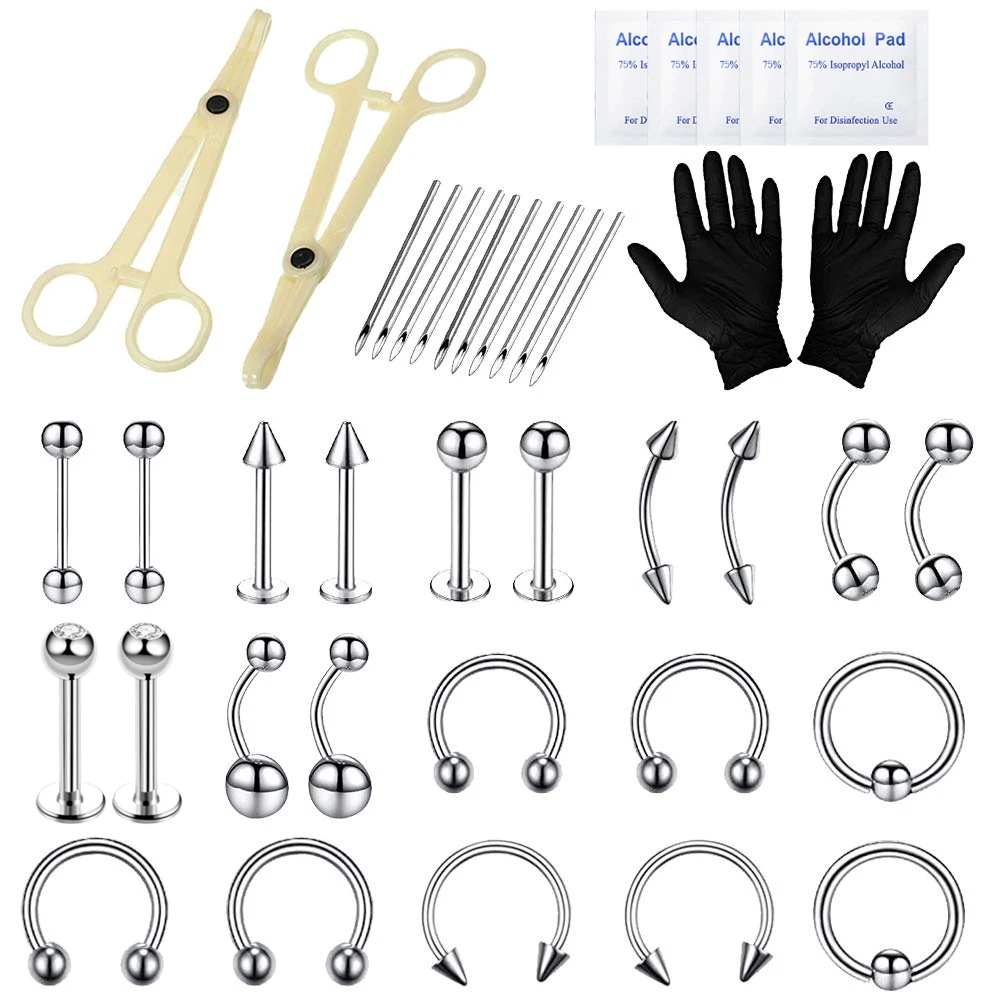 2-41pcs body piercing kit includes piercing needles and clip tools navel tongue ear screen nipple lip nose ring body jewelry