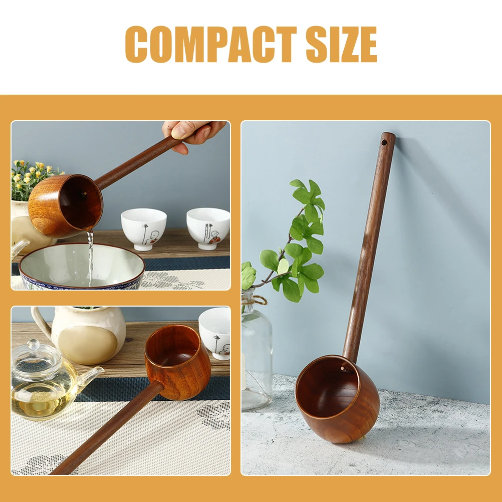

Wooden Water Ladle Long Handle Kitchen Garden Tool for Tea Oil Honey Storage Space Saving Retro Design Home Restaurant Use