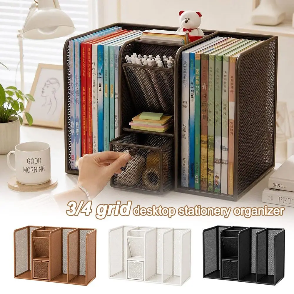 Metal Desk Book Rack Multi-Compartment Mesh Structure Desk Stationery Organizer with Pen Holder and Pull-Out Drawers