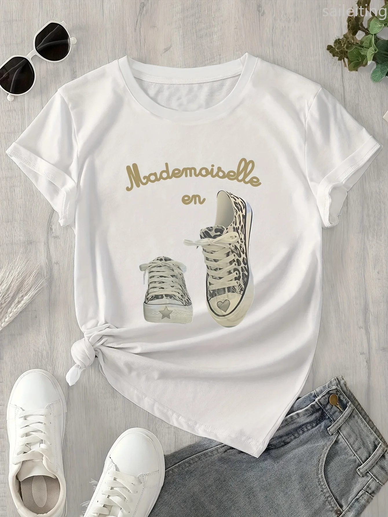 Short Sleeve T-Shirt with Cartoon Sneaker & Star Graphic Print Harajuku Sleeve Casual Women's Clothing Street Aesthetic Clothes