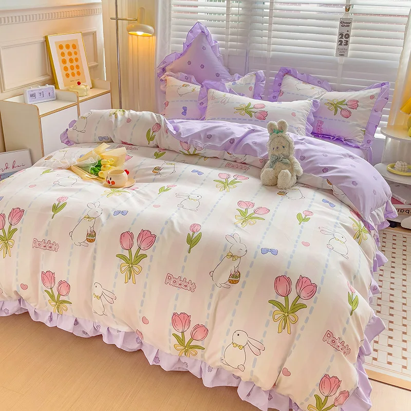 Floral Printed Duvet Cover Set with Sheet Pillowcases Warm Cute Cartoon Bed Linen Full Queen Size Home Gift 4piece Bedding Sets