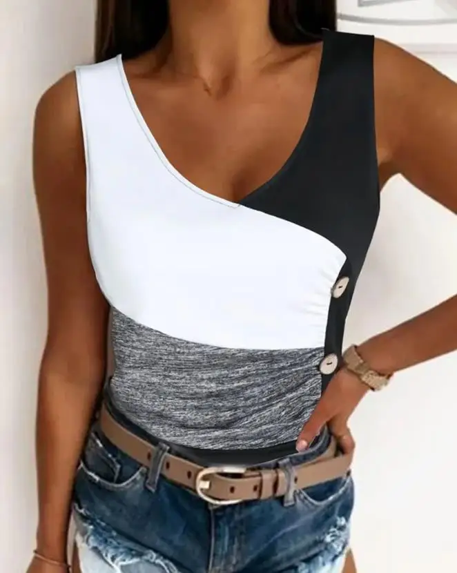 Women's Tank Tops 2024 Summer Casual Daily Tee Tops Colorblock V-Neck Sleeveless Button Detail Ruched Slim Fit Tank Top