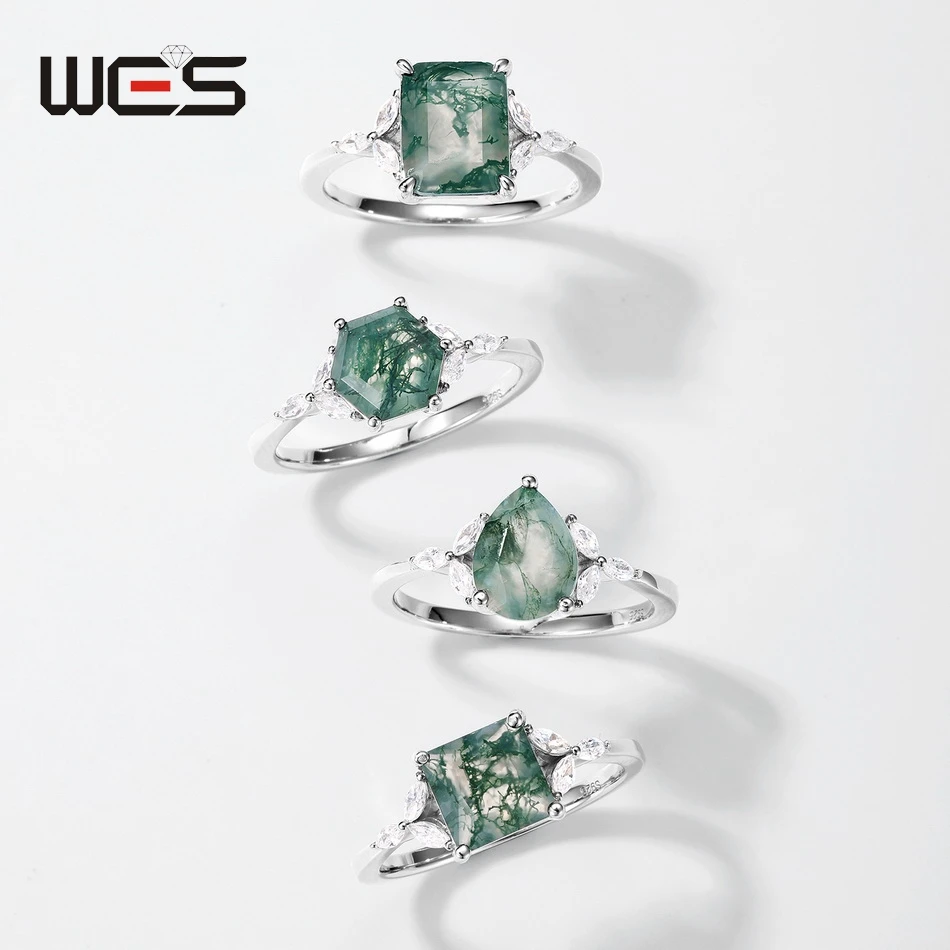 

WES 925 Silver Leaf Branch Unique Natural 7*9mm Moss Agate Engagement Rings for Woman Boho Forest Jewelry Gift for Her Wholesale