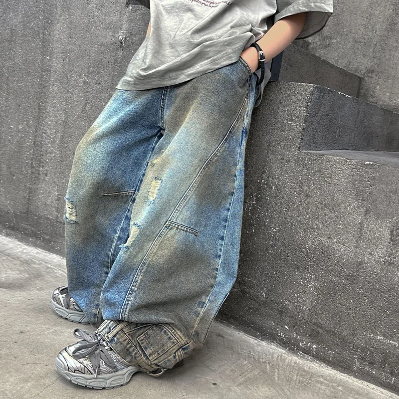 American Tween Girl High Fashion Distressed Wide Leg Banana Jeans for Child Luxury Denim Pants Kids Dirty Washed Jeans Trousers