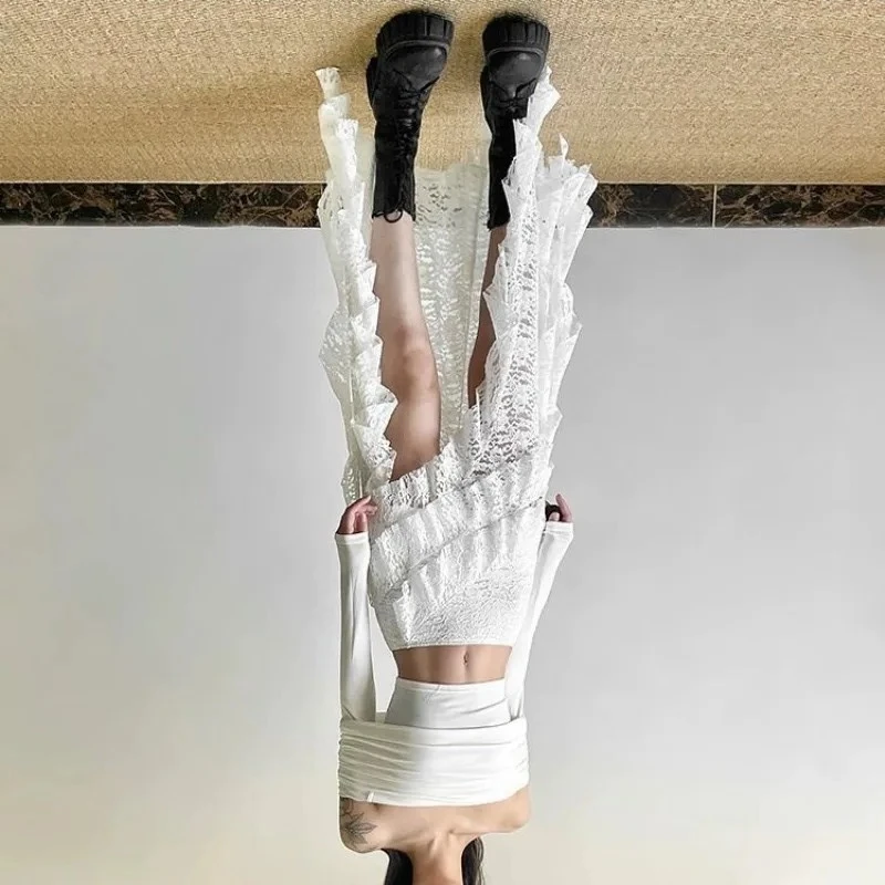 

Gothic Punk Lace Ruffle Skirt Women Y2k Elastic High Waist Irregular All-match Black White Long Skirt Design Grunge High Street