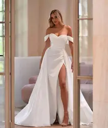 2024 Custom Made Satin Wedding Dress with High Slit Off-the-Shoulder Crisscross Ruched Bodice Robe Mariee Customized