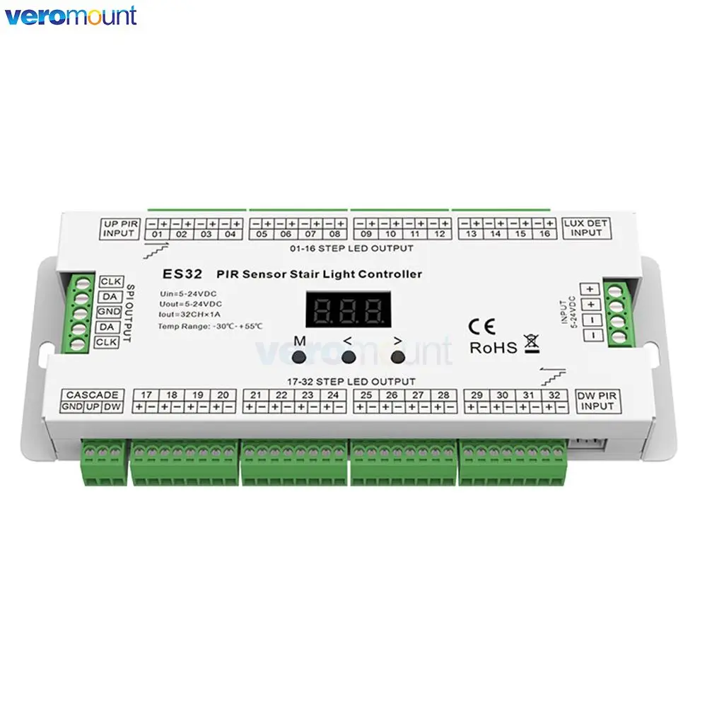 ES32 Stair Controller PIR Sensor 32CH Single Color 2CH RGB Pixel SPI LED Strip Dimmer Indoor Stairway Light Controller 5-24VDC