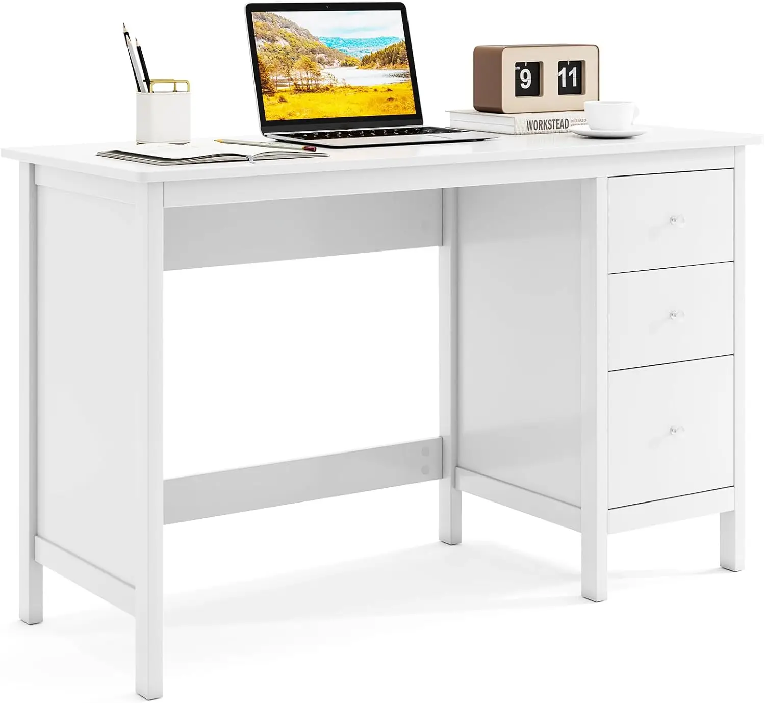 

White Desk with Drawers, Modern Home Office Computer Desk with Storage Drawers & Spacious Desktop, Compact Writing Study