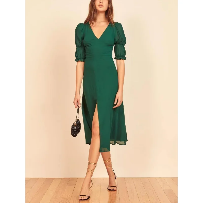 

Beach Style 2023 Summer New Arrivals Top Quality Solid V-Neck Puff Short Sleeve Asymmetrical Side Slit Women Midi Dress