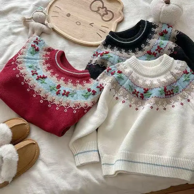 

Детский свитер для девочек, ретро контрастный цветочный вышивка, детские пуловеры для девочек, свободные повседневные толстые теплые трикотажные изделия для маленьких девочек