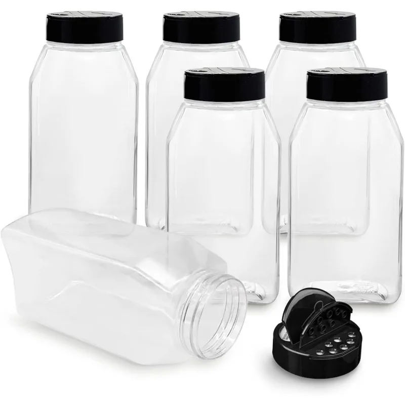 6 PACK 32 Oz with Black Cap, Plastic Spice Jars Bottles Containers, for Storing Spice, Herbs and Powders, Lined Cap