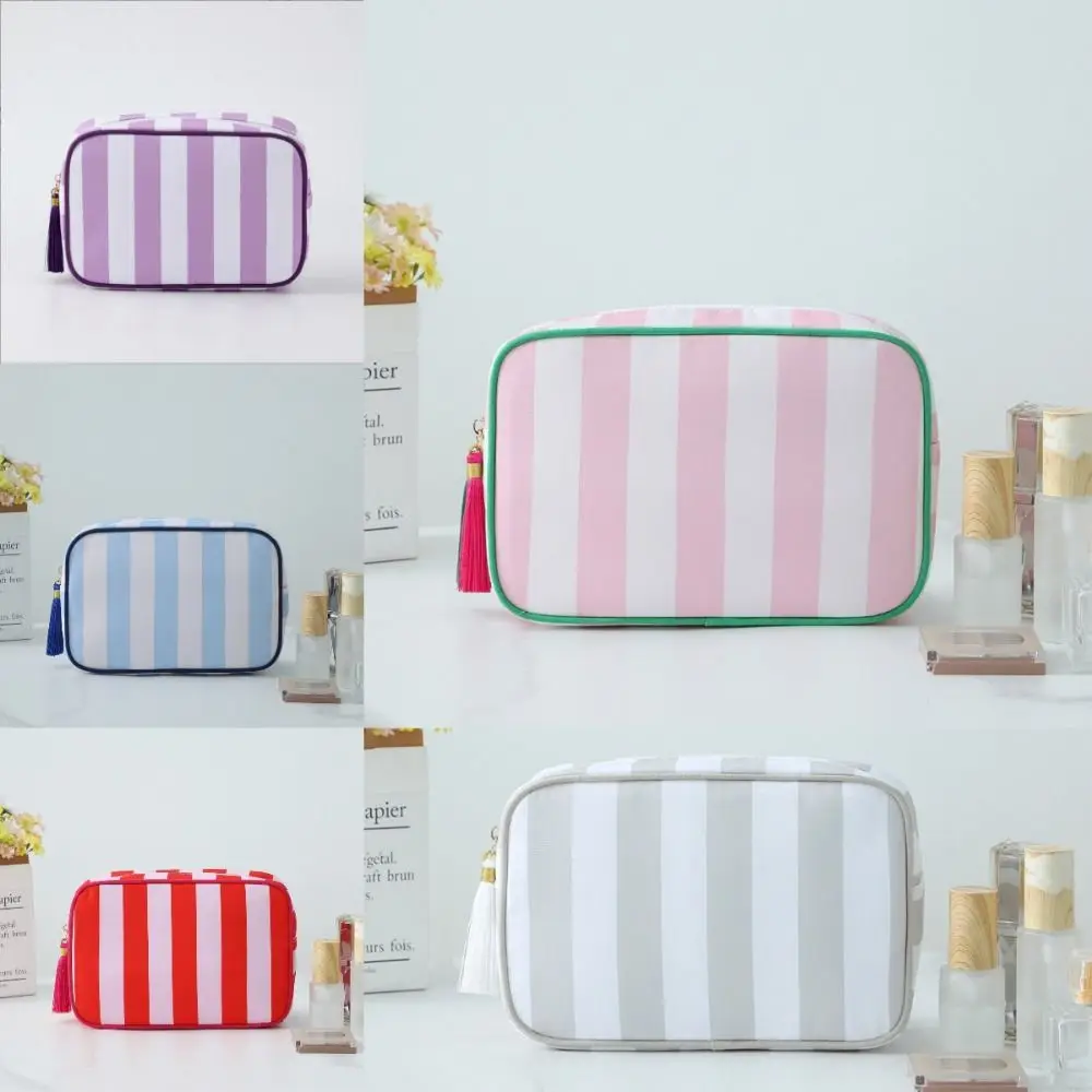 

Портативная большая вместительная полосатая косметичка на молнии, индивидуальная полосатая сумка для туалетных принадлежностей с кисточками, сумка для хранения косметики-органайзер