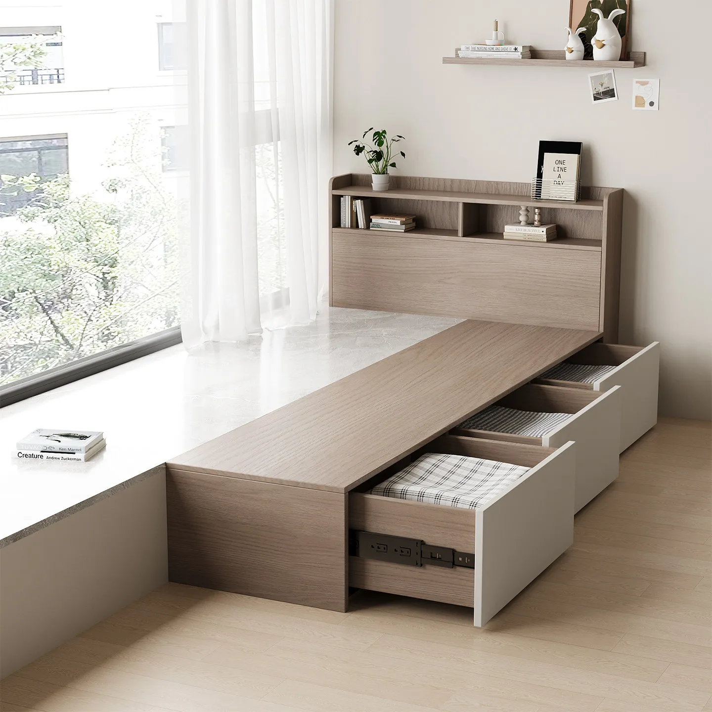 Solid wood custom modern bay window splicing bed tatami window sill half bed frame connection