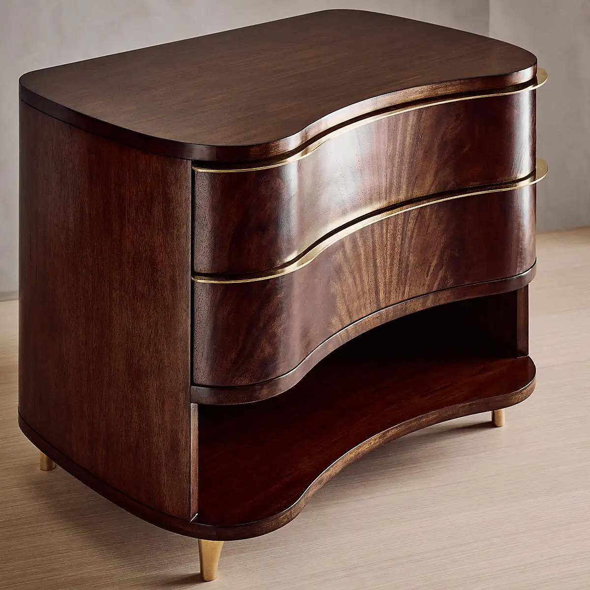 Smooth Curve Double Drawer Bedroom Interior Furniture Curved Wooden Bedside Table