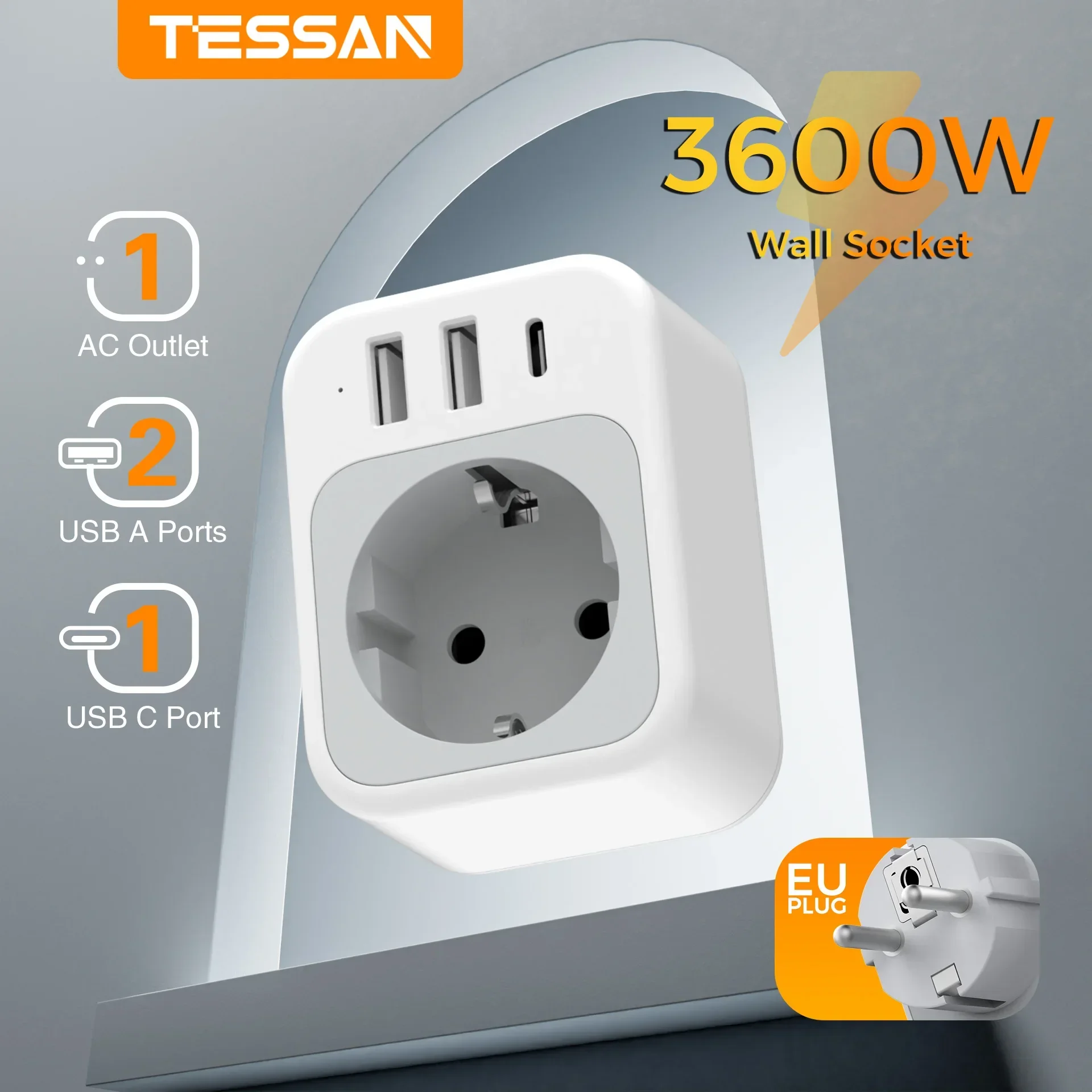 TESSAN 3600W Multiple Wall Socket with 1 AC Outlet 3 USB EU Plug Compact Wall Adapter for Home Office Kitchen Mini Plugs Adapter