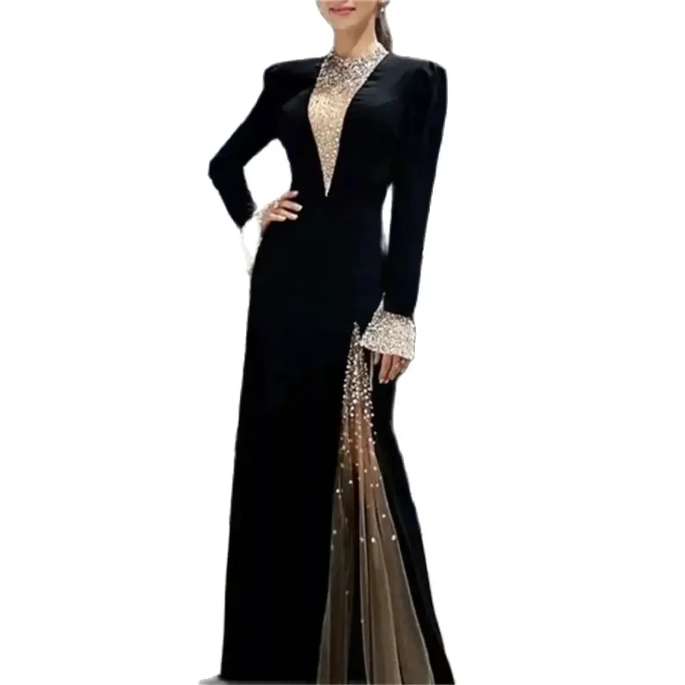 Formal Long Sleeve Satin Beaded Evening Gown Luxury Arabian Dubai Mother of the Bride Dress Custom A-Line Women Party Dresses