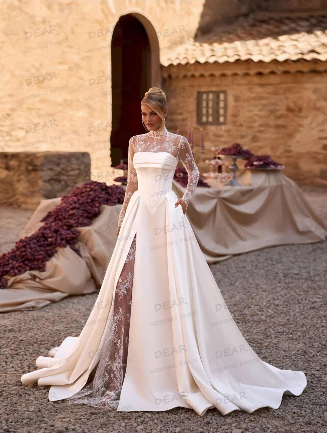 فساتين زفاف دانتيل ساحرة مثيرة زينة على شكل حرف A فساتين زفاف نسائية كم طويل فتحة جانبية 2026 مخصصة فيستدوس دي نوفيا #1
