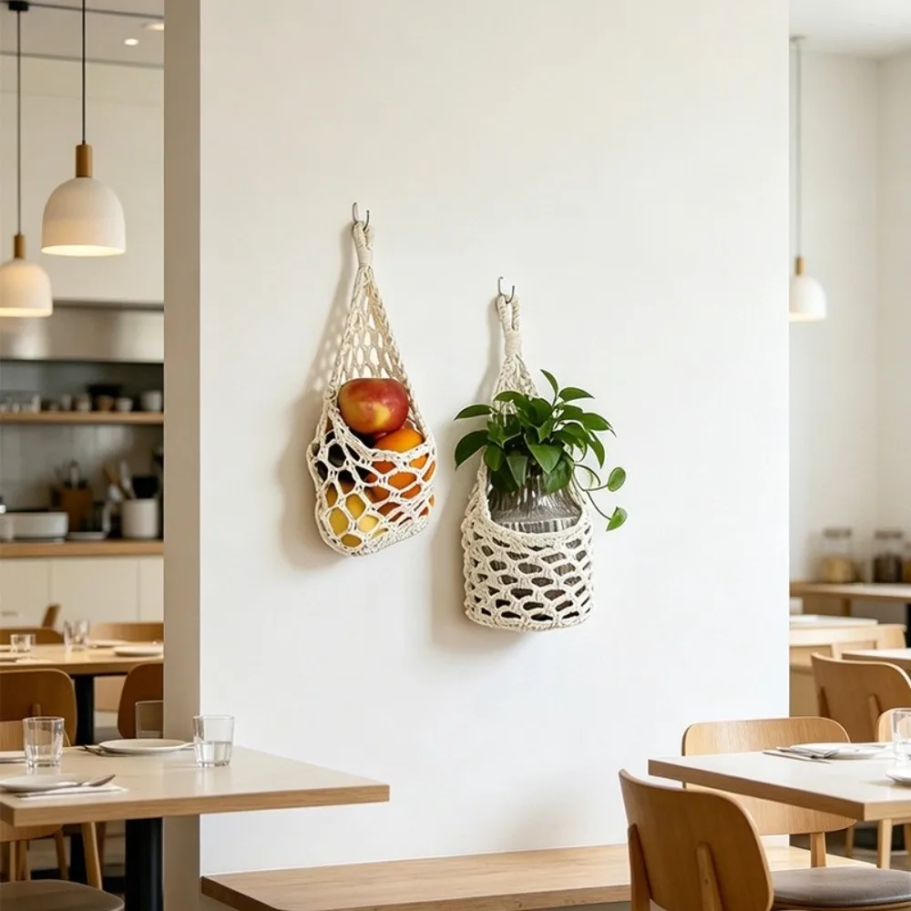 Boho Macrame Wall Plant Hanger Cotton Hollowed-out Hanging Basket for 4 Inch Pots Woven Storage Mesh Bag