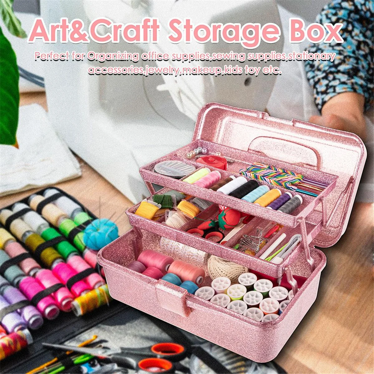 A48I Glitter Pink & Craft Tool Storage Box,3-Layer Stackable Carry Tackle Box Sewing Box Organizer for Art