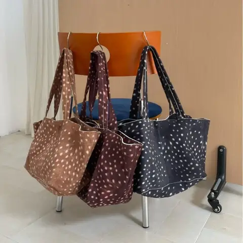 Bag Vintage Deer Spot Print Tote Bag Large Capacity Soft Suede Texture Shoulder Bag Casual Commuter Shopping Handbag