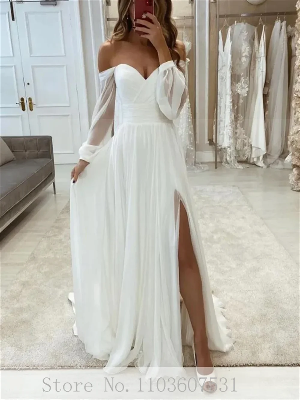 V-neck Chiffon Off the Shoulder Long Puff Sleeve Wedding Dress for Women with Slit A-line Court Wedding Gown vestidos de novia