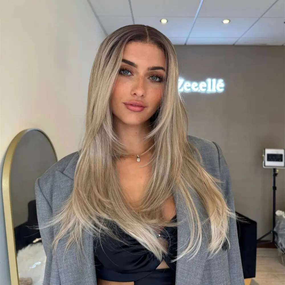 Truffle Butter with Blonde Hot Coco Softlights Long Straight Lace Front Wig Synthetic Layered Highlights HD Lace Wigs for Women