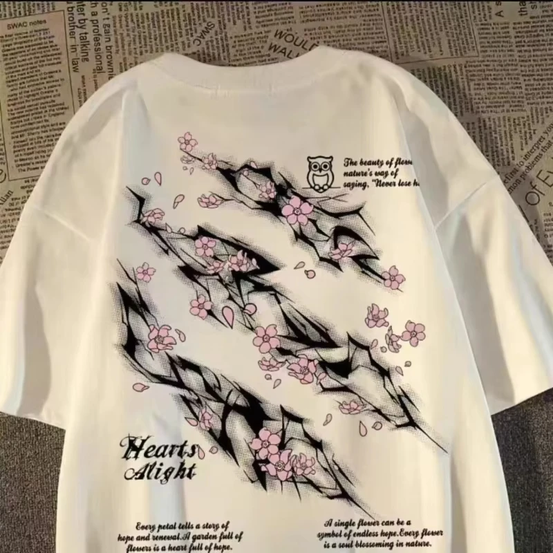 Vintage Sakura Letter Graphic T-Shirt, Heights Aflight Retro Streetwear, Oversized Soft Cotton Casual Tee for Men and Women