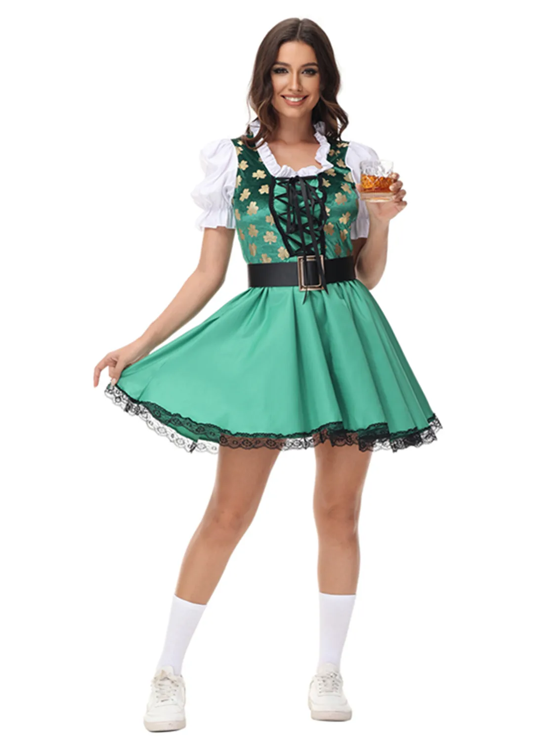 Halloween St. Patrick\'s Day Irish Lucky Clover Goblin Couple Costume Germany Oktoberfest Bavarian Beer Girl Maid Cosplay Dress