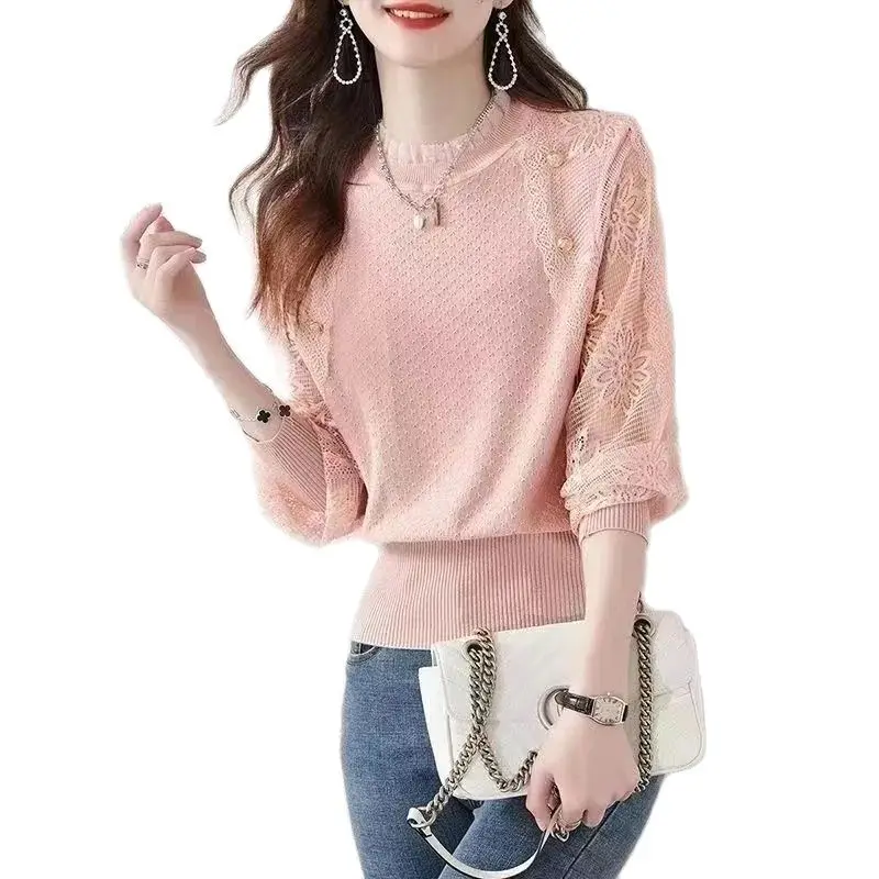 Women Sweater Lace Sleeve Patchwork Korean Fashion Style Clothes Casual Solid Color Loose Spring Autumn Knitwear