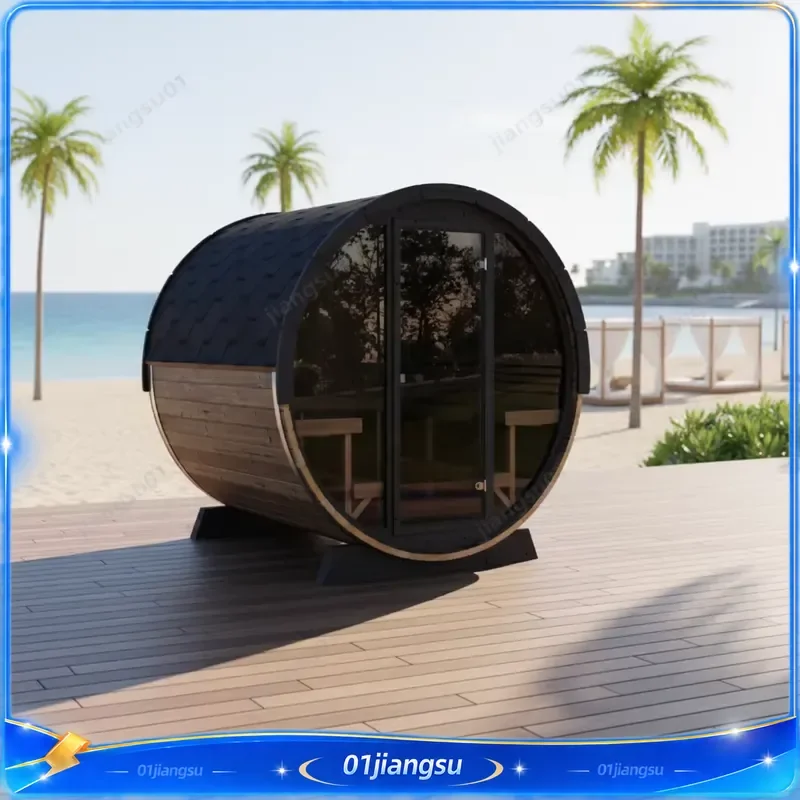 Luxury 1800x1800mm Outdoor Pine Wood Barrel Sauna for 4 Person Black Wood Fired Hot Tub Steam Room Garden Spa Heater