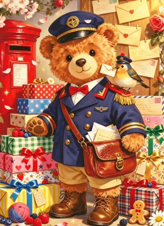 Oil Painting By Number Handmade DIY Postman Bear Red Mailbox Canvas Art Wall Decor for Game Room or Living Room Gift Frameless
