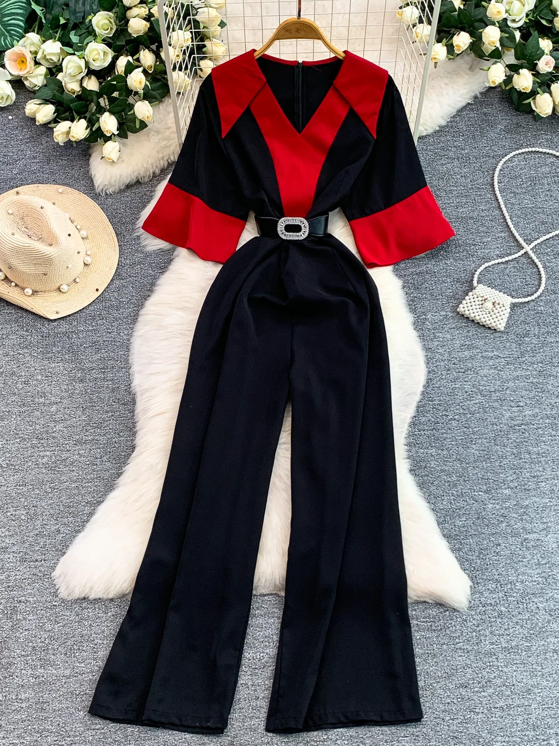 Slimming Wide Leg Pants V Neck Short Sleeve  Dress Belt Waist Cinching Summer Retro Style Women's Commute Wear