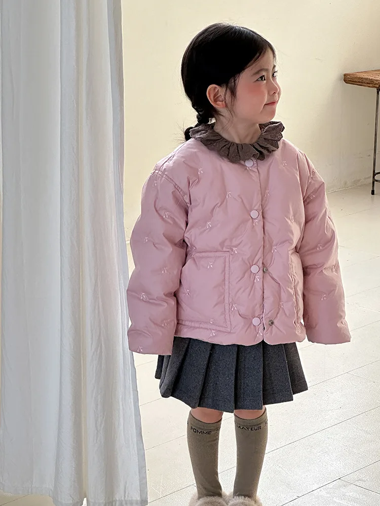 2024 Winter New Children Plus Velvet Thick Long Sleeve Coat Girls Cute Cherry Embroidery Down Jackets Kids Warm Padded Jacket