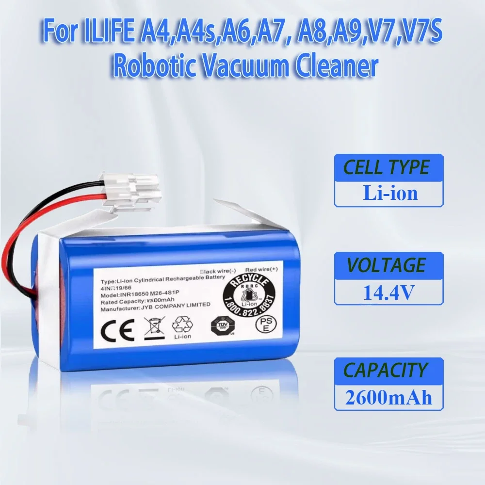 

High-Capacity 14.4V 2600mAh Replacement Battery for ILIFE A4/A4s/A6/A7/A8/A9/V7/V7S Robotic Vacuum Cleaners