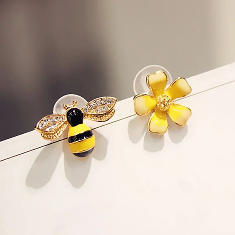 2026 Cute Hot Flower Bee Asymmetric Earrings Zircon Earrings Wholesale Fashion Jewelry Punk Stud Earrings For Women Girls Gift