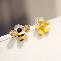 2026 Cute Hot Flower Bee Asymmetric Earrings Zircon Earrings Wholesale Fashion Jewelry Punk Stud Earrings For Women Girls Gift