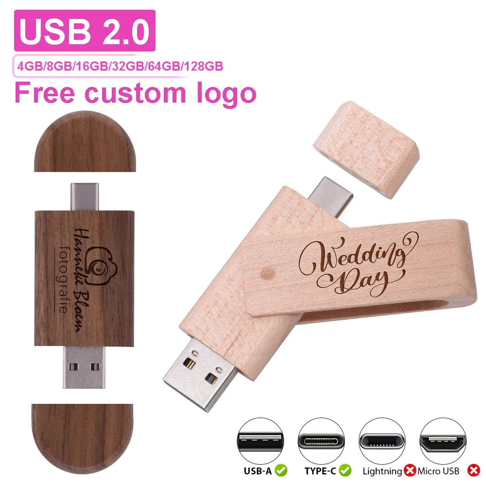TYPE-C 2 in 1 Wooden USB Flash Drive 128GB Ree Custom Logo Memory Stick 64GB Oval or Rotatable Pen Drive 32GB Creative Gift