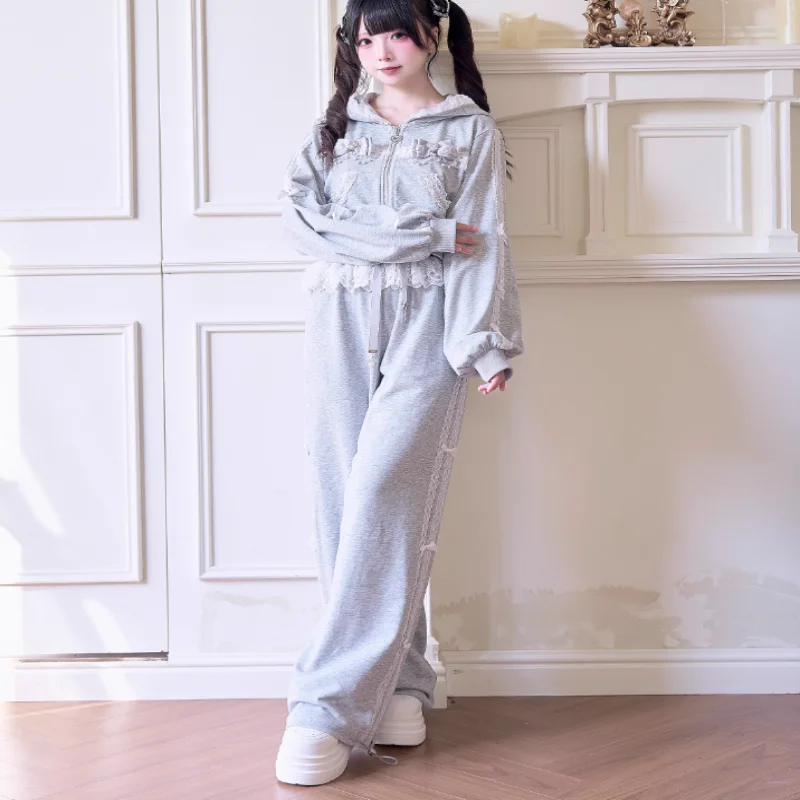 

Спортивная одежда для милых девочек, кружевной костюм, японский Y2K, женская короткая куртка на молнии с капюшоном, пальто, мини-юбка, комплекты широких брюк